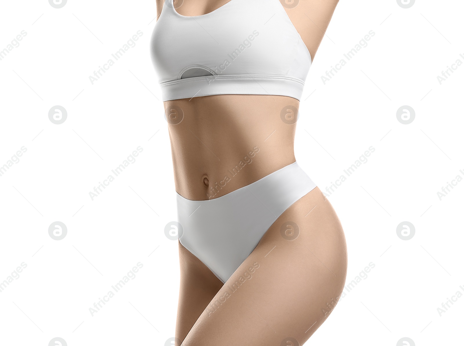 Photo of Closeup view of slim woman in underwear on white background. Cellulite problem concept