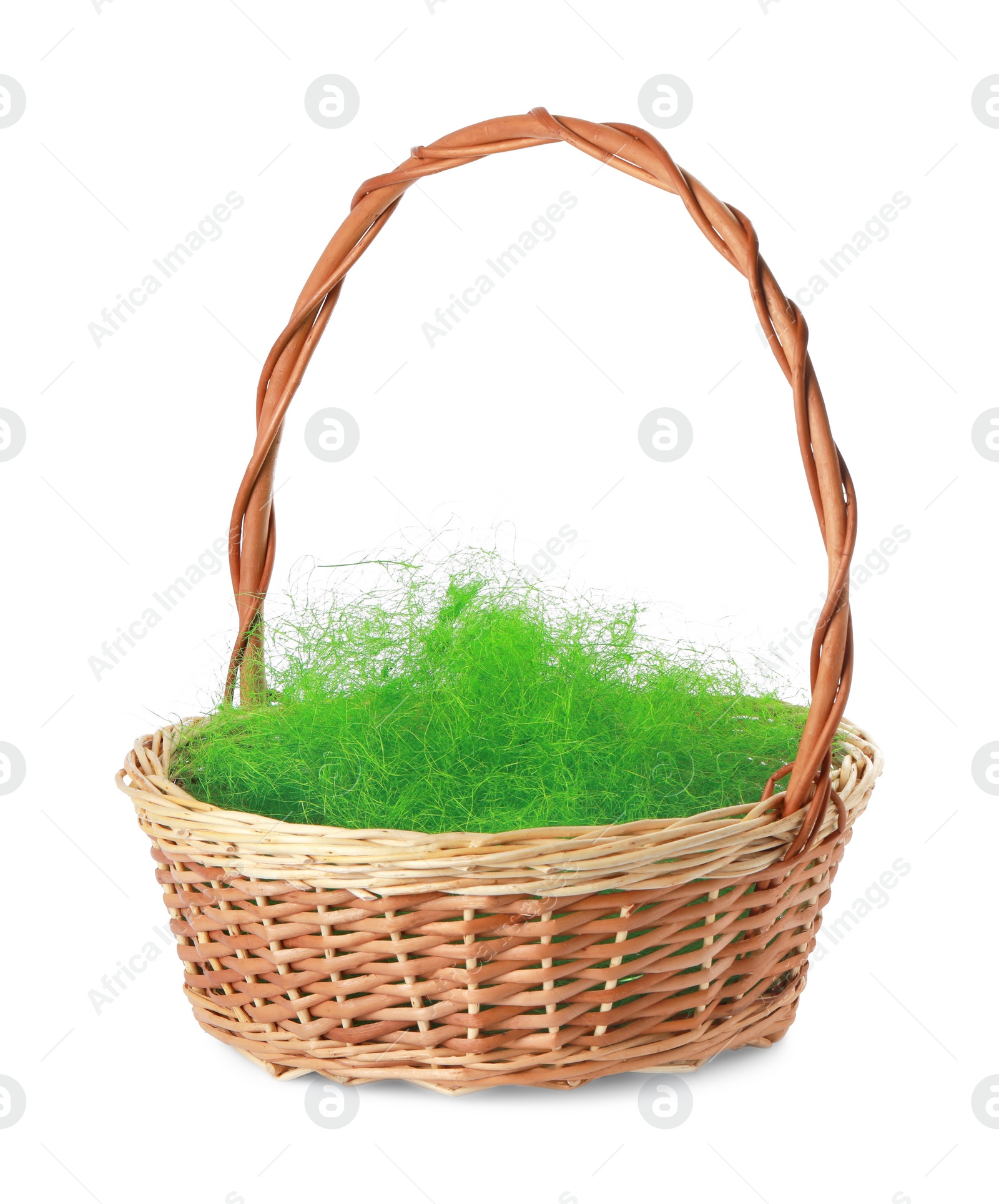 Photo of Easter wicker basket with decorated grass isolated on white