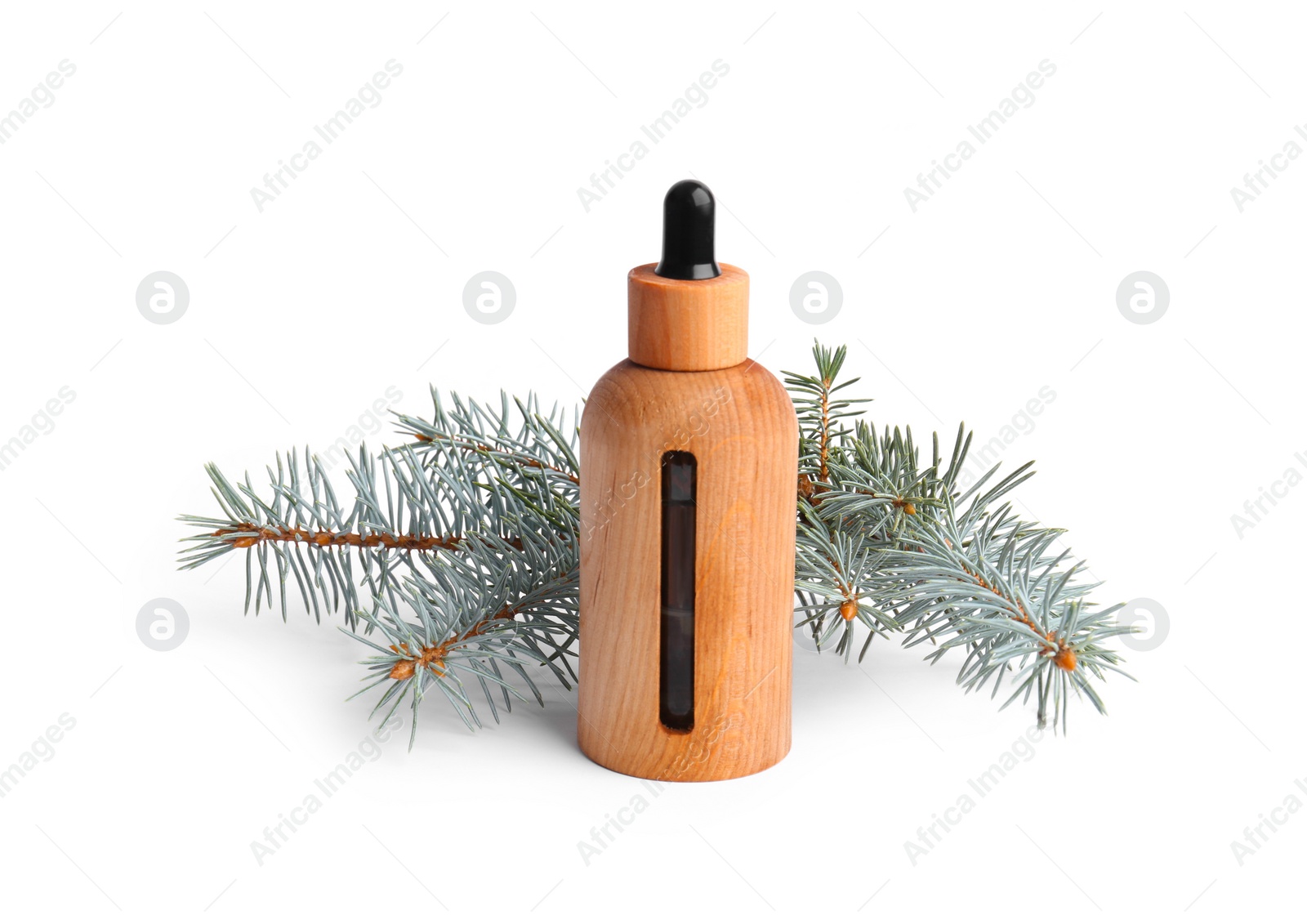 Photo of Bottle of pine essential oil on white background