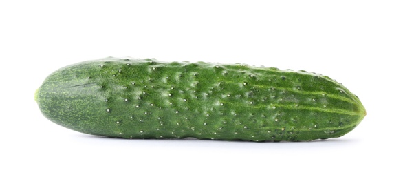 Photo of Fresh green cucumber on white background