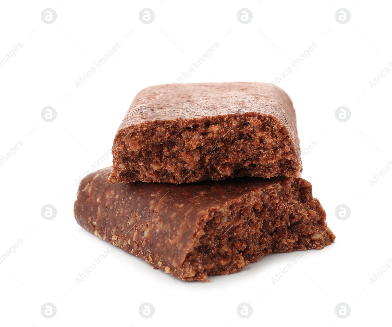 Photo of Pieces of tasty protein bar on white background