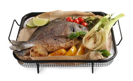 Photo of Delicious roasted dorado fish with vegetables, herbs and lime isolated on white, above view