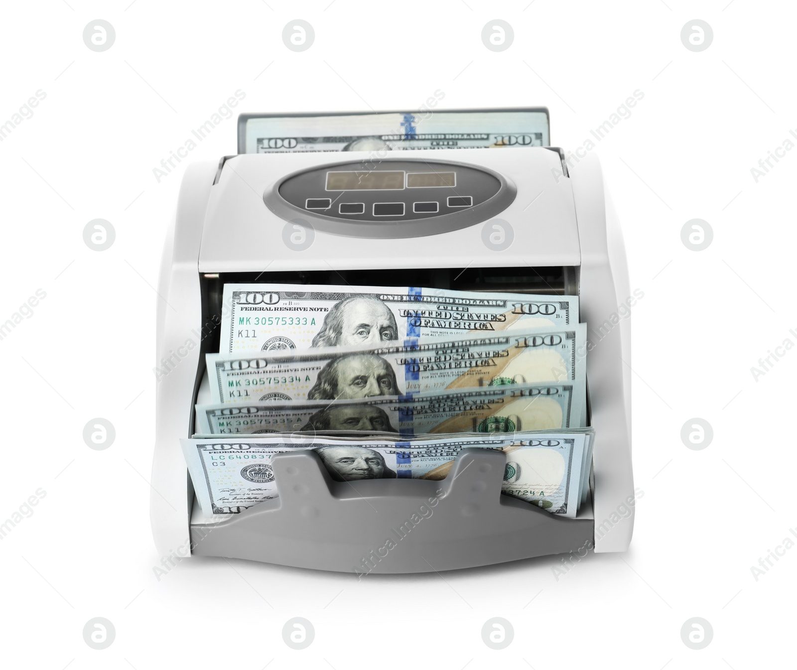 Photo of Modern electronic bill counter with money on white background