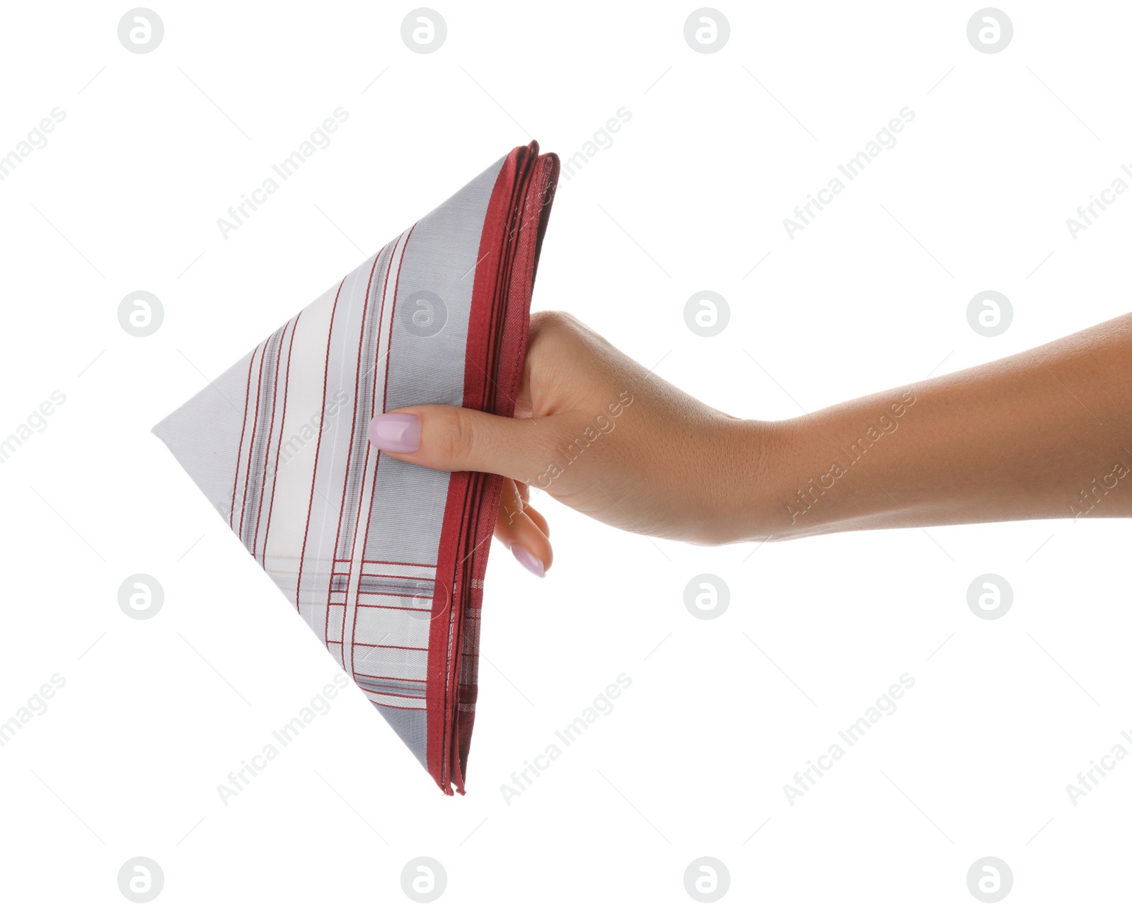 Photo of Woman holding handkerchief isolated on white, closeup