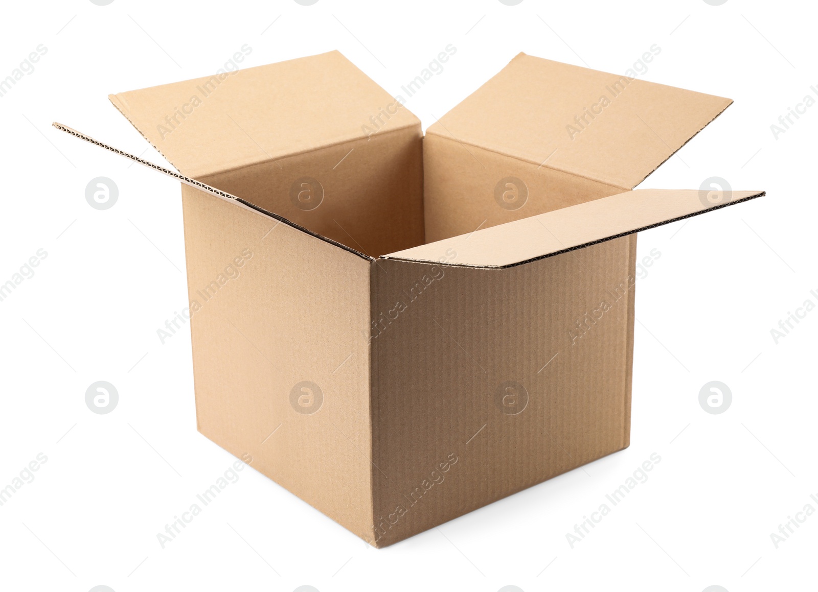 Photo of Open cardboard box on white background. Mockup for design