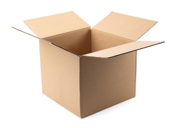 Photo of Open cardboard box on white background. Mockup for design