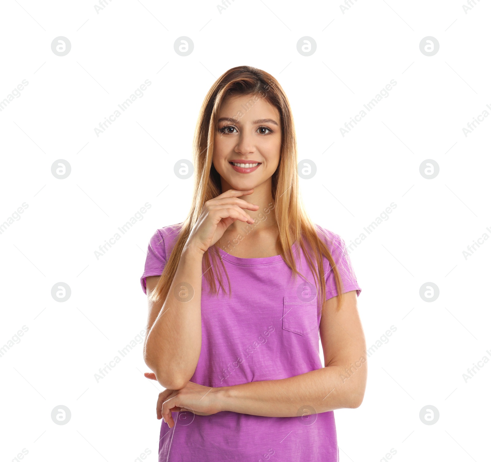 Photo of Portrait of pretty woman on white background