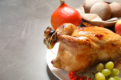 Photo of Closeup of turkey on grey background. Happy Thanksgiving day
