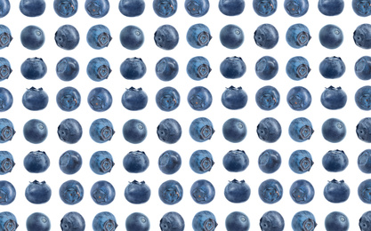Collage of many fresh blueberries on white background