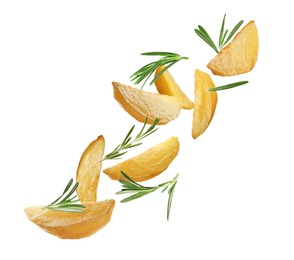 Tasty baked potatoes and rosemary falling on white background