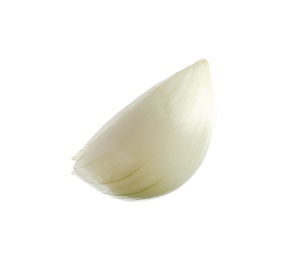 Slice of fresh ripe onion on white background