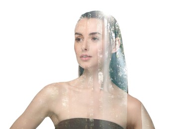 Image of Double exposure of beautiful woman and trees on white background