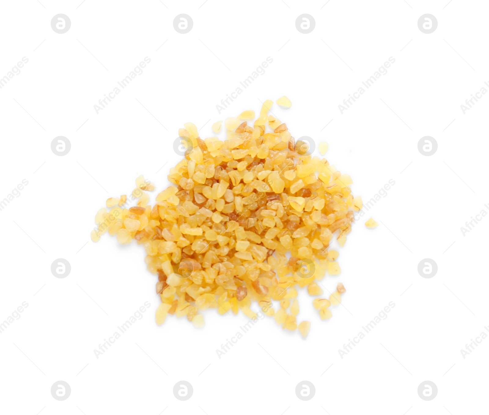 Photo of Pile of uncooked bulgur isolated on white, top view