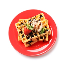 Photo of Plate with yummy waffles and ice cream on white background, top view