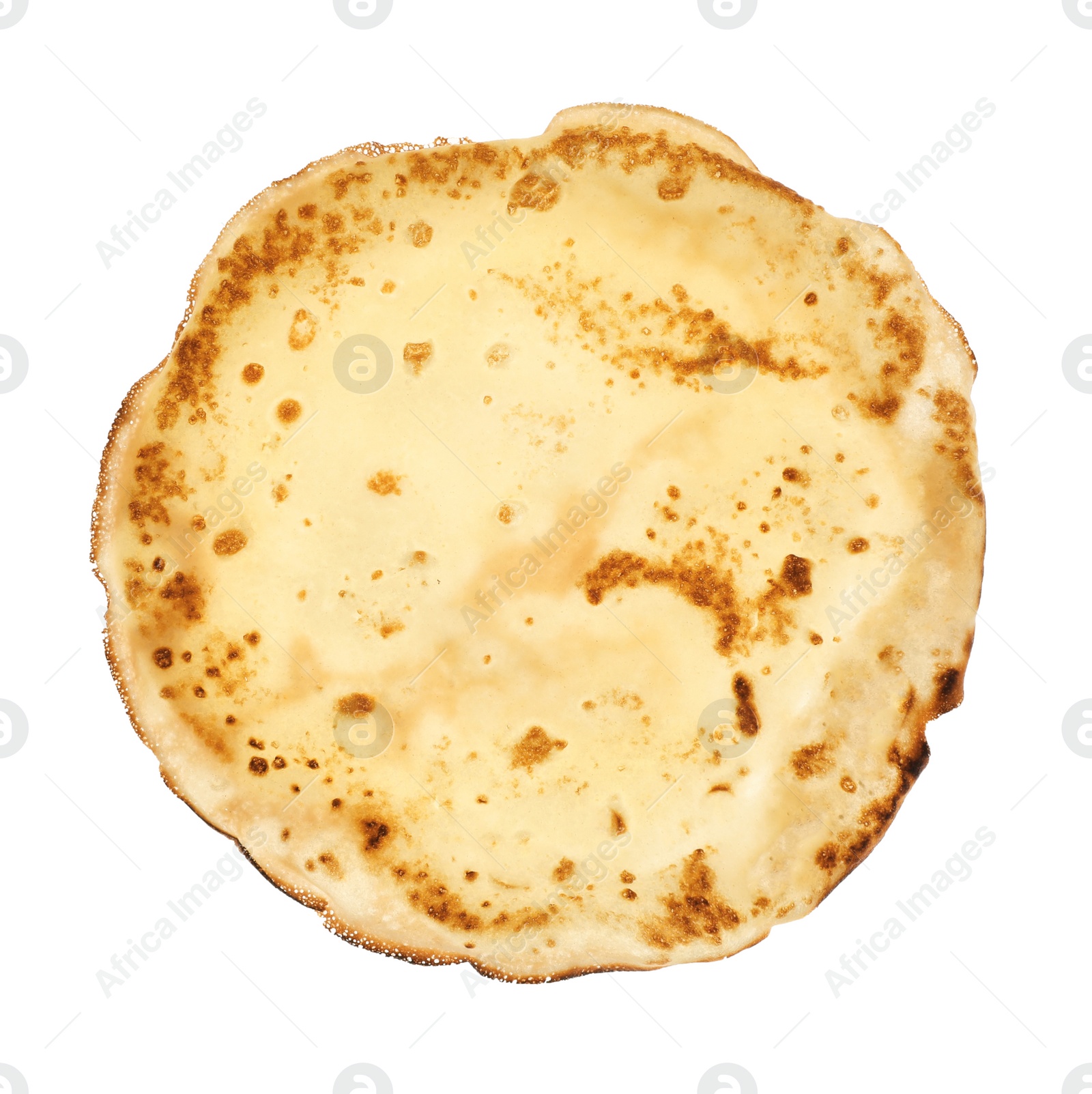 Photo of One delicious crepe isolated on white, top view