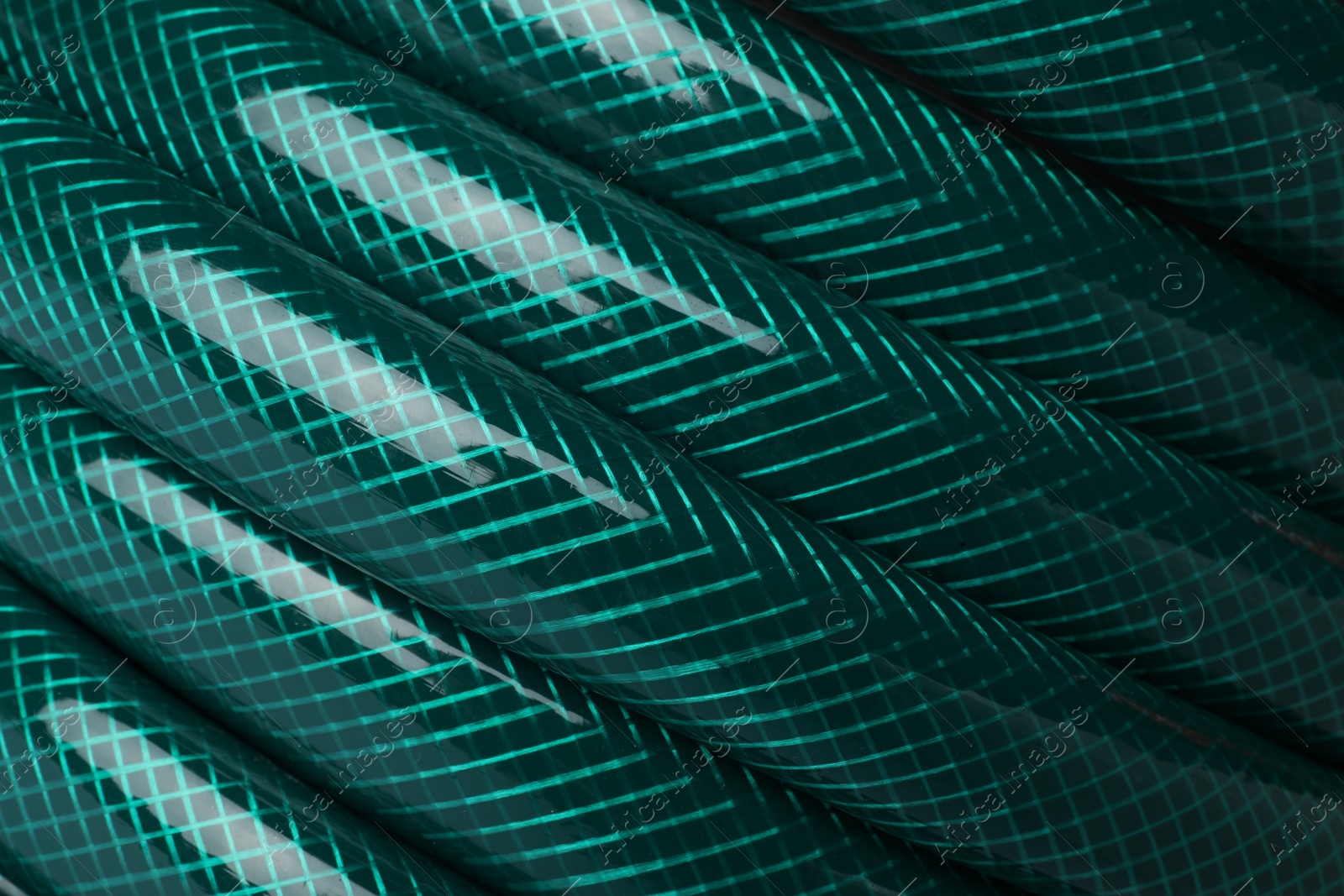 Photo of Green rubber watering hose as background, closeup