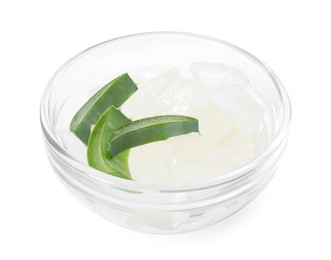 Photo of Pieces of aloe vera in bowl isolated on white