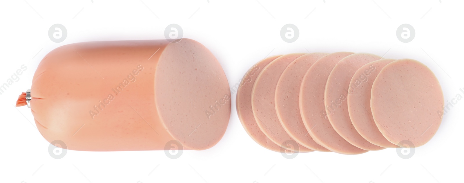 Photo of Tasty cut boiled sausage on white background, top view