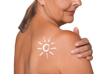 Senior woman with sun protection cream on her back isolated on white, closeup