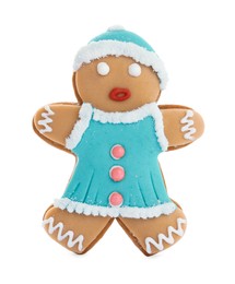 Photo of Gingerbread woman isolated on white. Delicious Christmas cookie