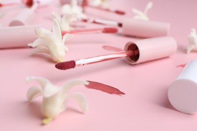 Photo of Color lip glosses, applicators and flowers on pink background, closeup