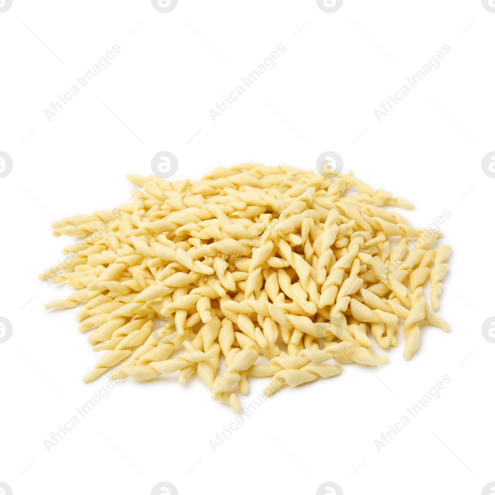 Photo of Pile of uncooked trofie pasta isolated on white