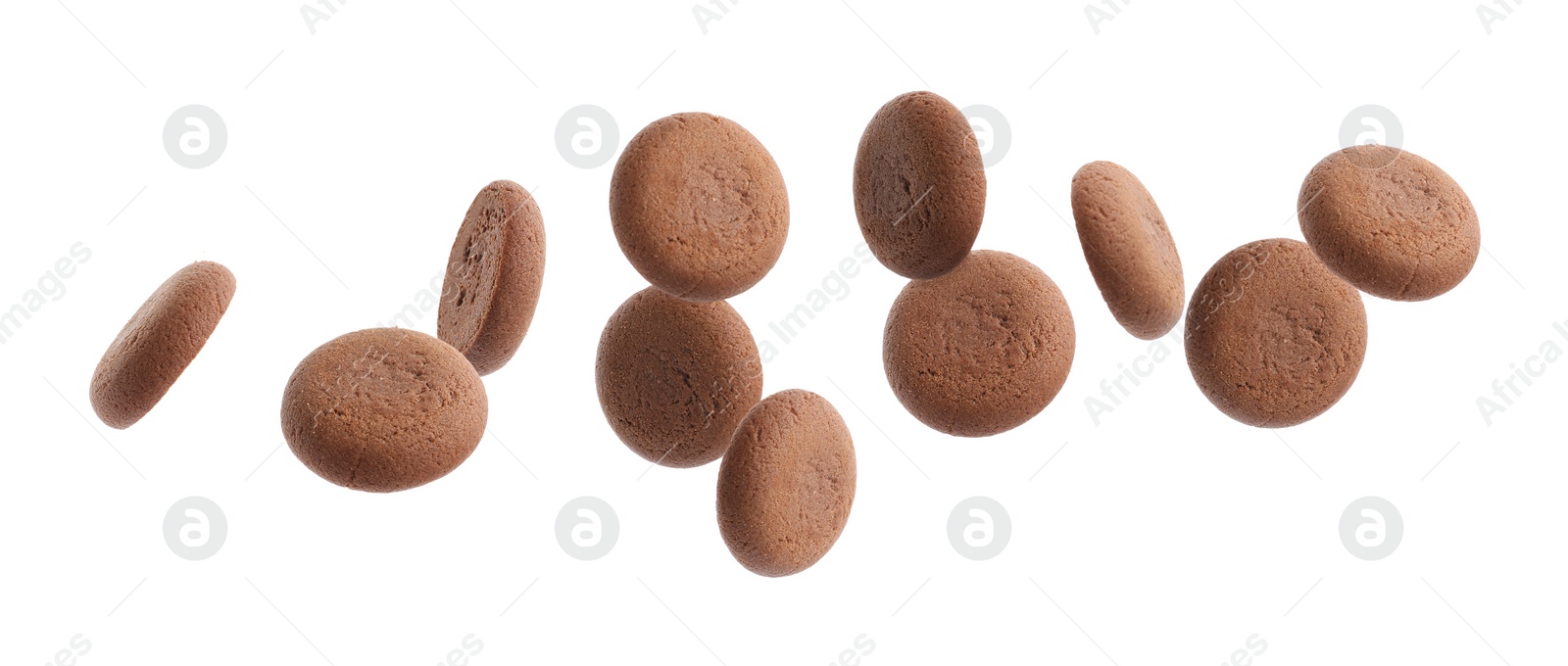 Image of Set of falling delicious chocolate cookies on white background. Banner design 