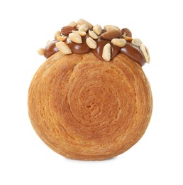 Photo of Round croissant with chocolate paste and nuts isolated on white. Tasty puff pastry