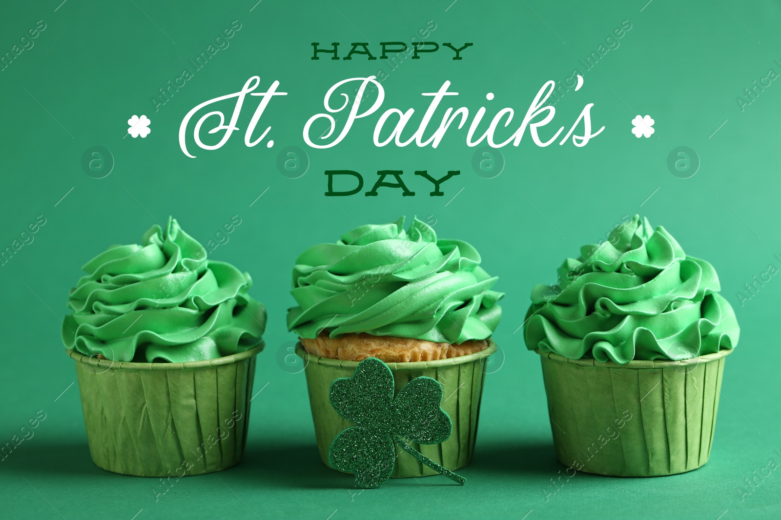 Image of Happy St. Patrick's day card. Tasty cupcakes and text on green background