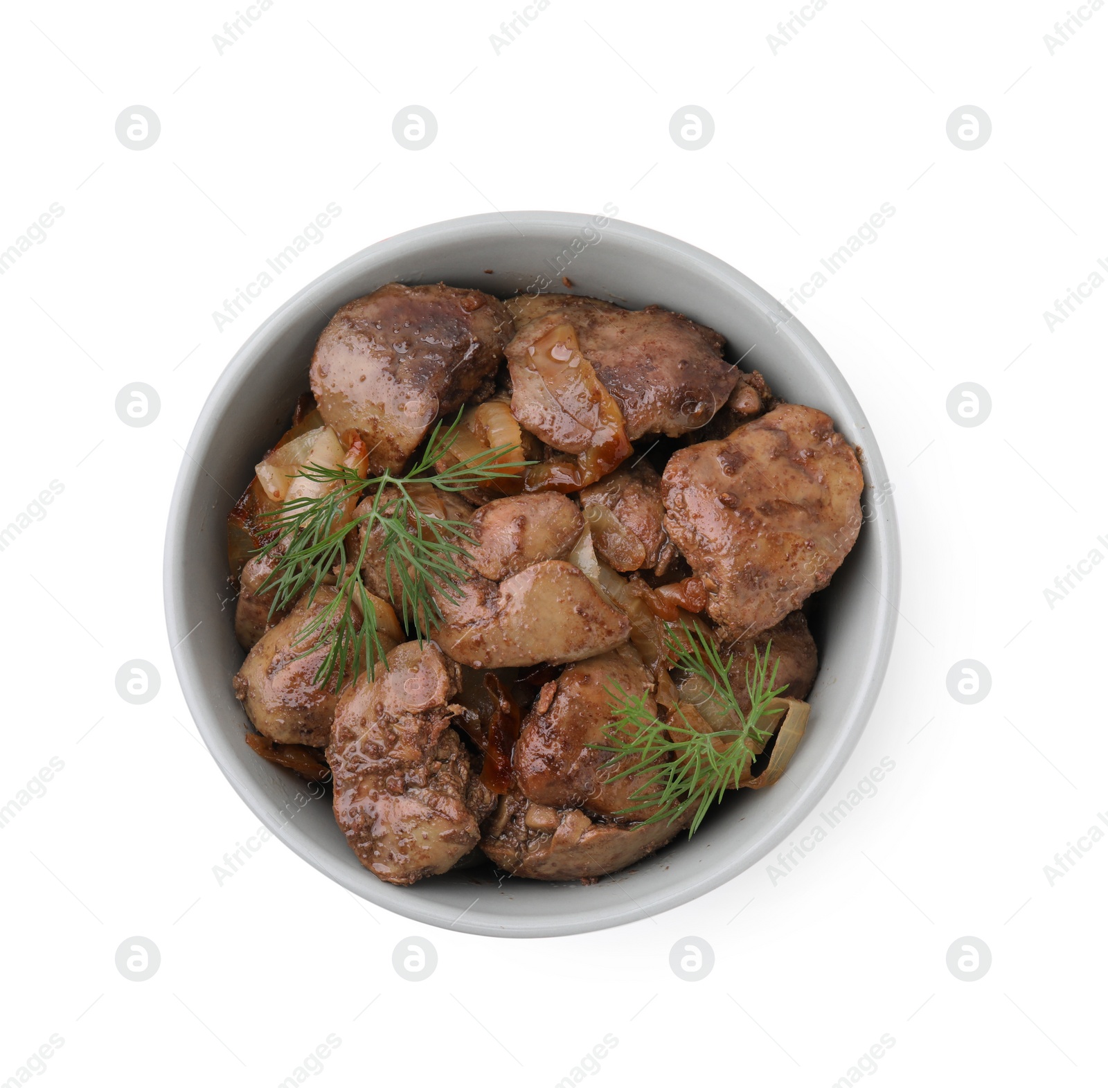 Photo of Tasty fried chicken liver with onion and dill isolated on white, top view