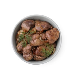 Photo of Tasty fried chicken liver with onion and dill isolated on white, top view