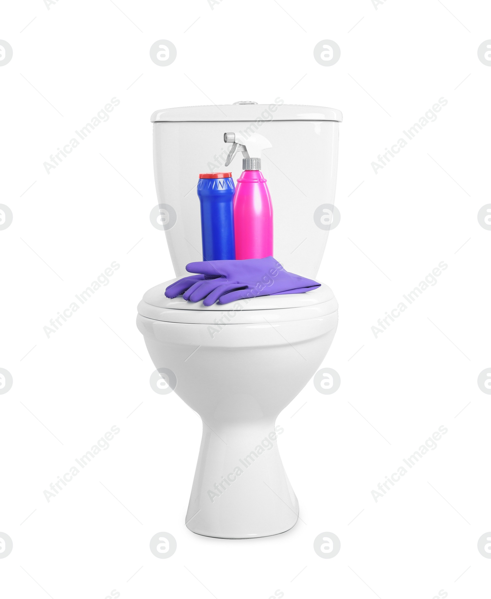 Photo of Toilet bowl and cleaning supplies on white background