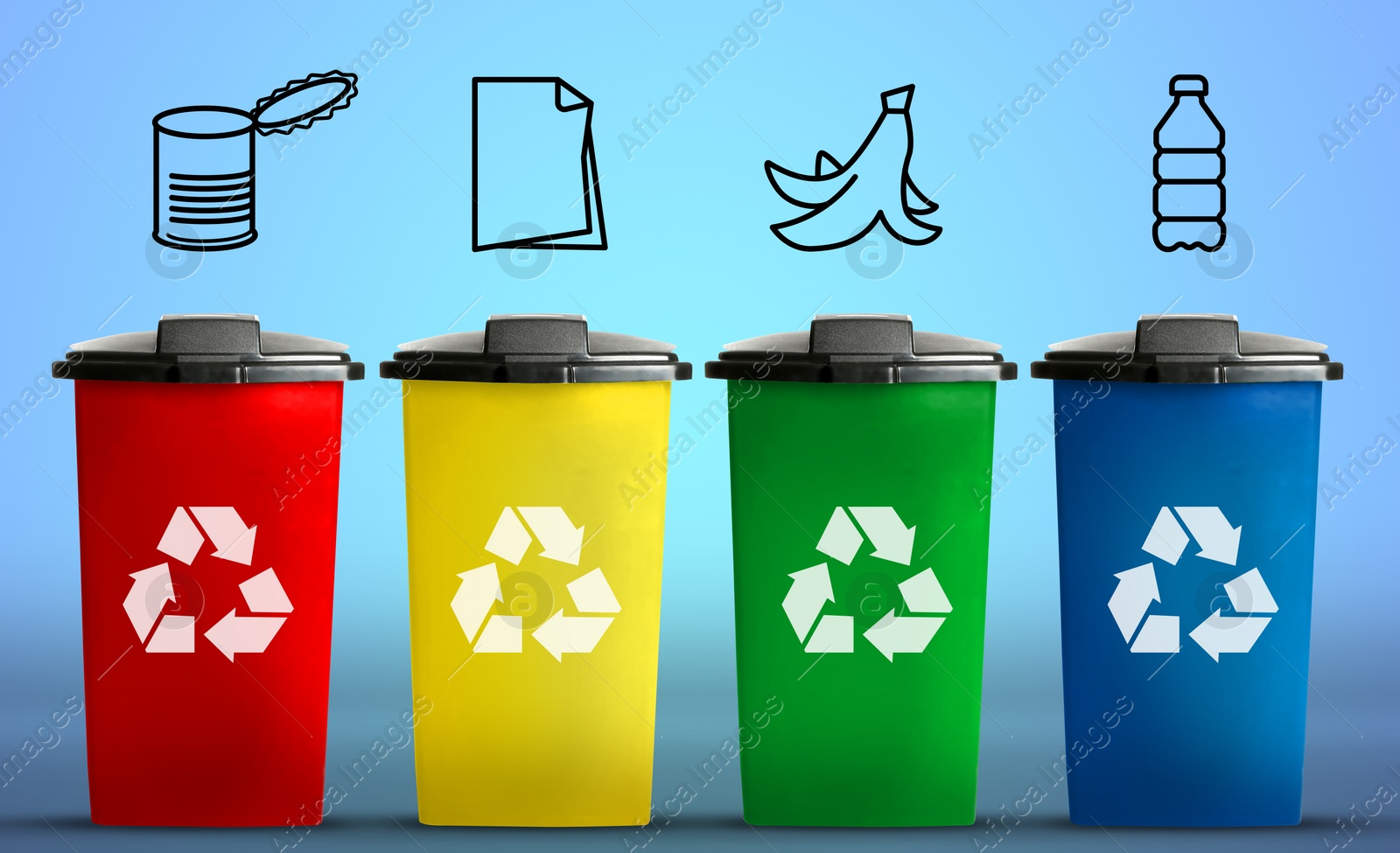 Image of Waste sorting. Illustrations of different garbage types over recycling bins on light blue background