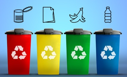 Image of Waste sorting. Illustrations of different garbage types over recycling bins on light blue background