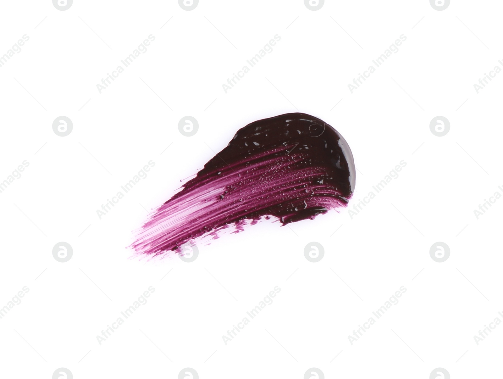 Photo of Stroke of purple lip gloss isolated on white, top view