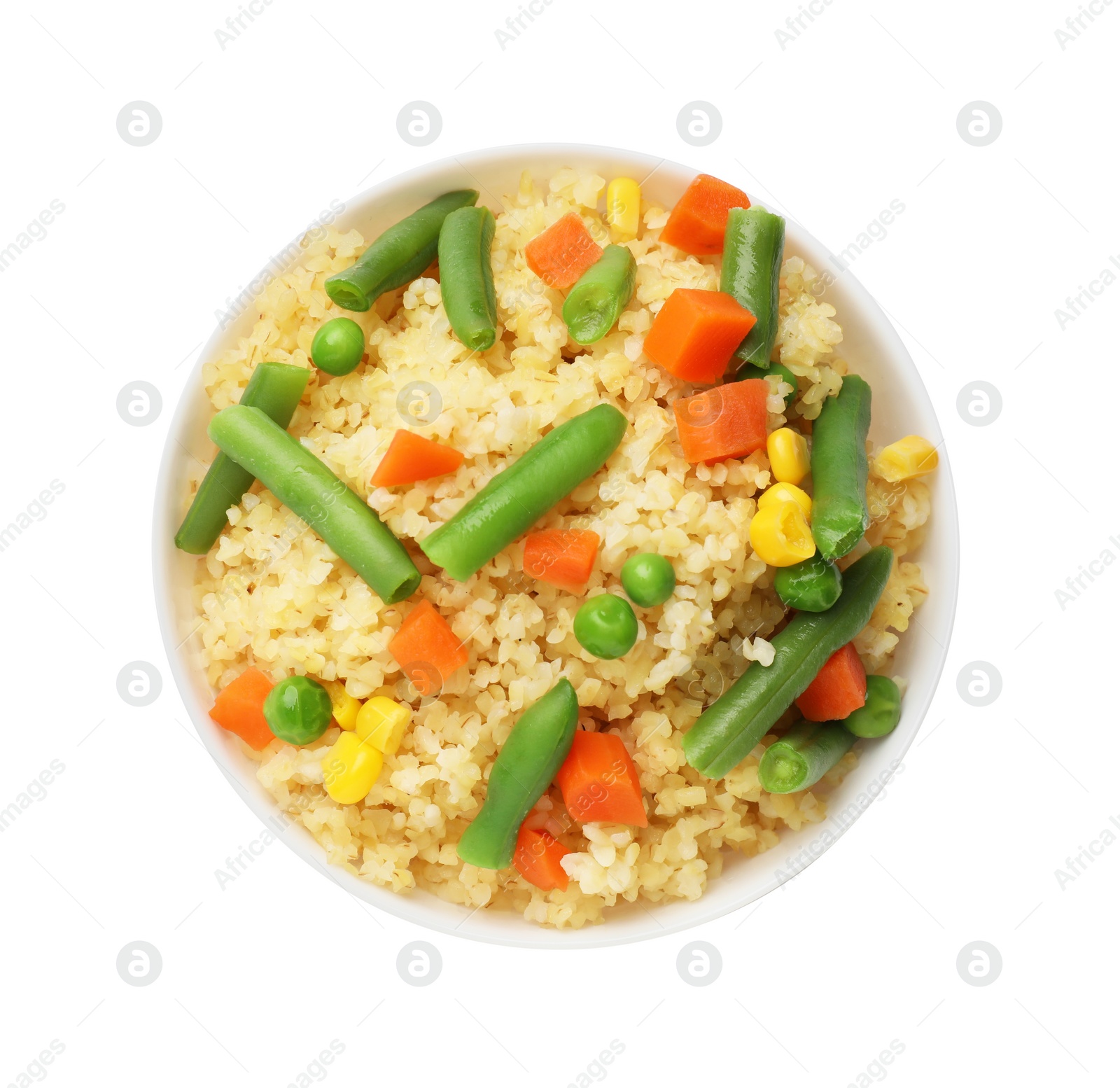 Photo of Delicious bulgur with vegetables in bowl isolated on white, top view