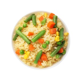 Photo of Delicious bulgur with vegetables in bowl isolated on white, top view