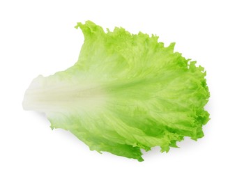 Photo of Leaf of fresh lettuce isolated on white, top view. Salad greens
