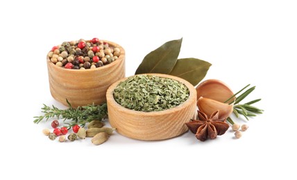 Photo of Different natural spices and herbs on white background