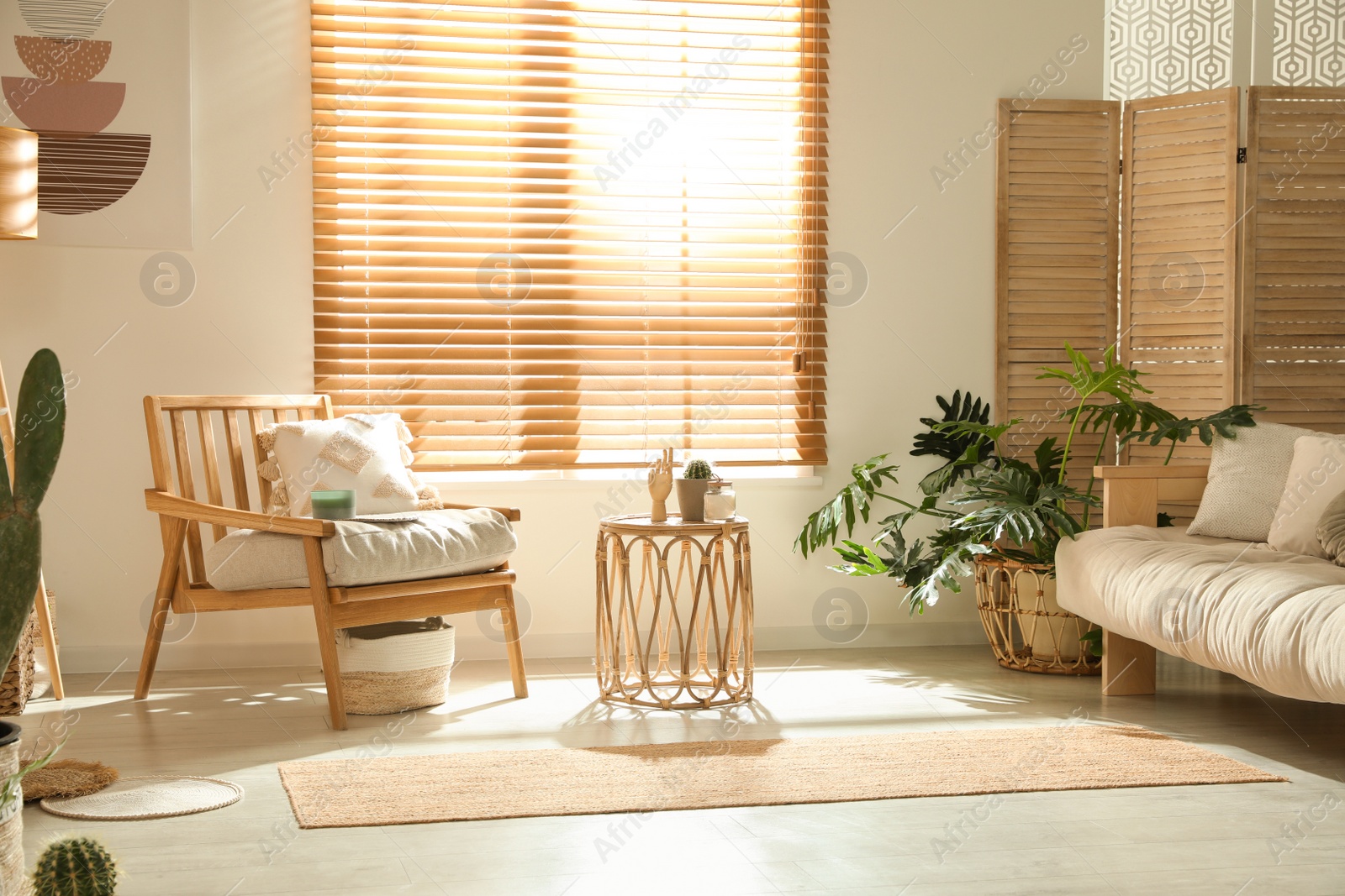 Photo of Stylish living room interior with wooden furniture and beautiful houseplants