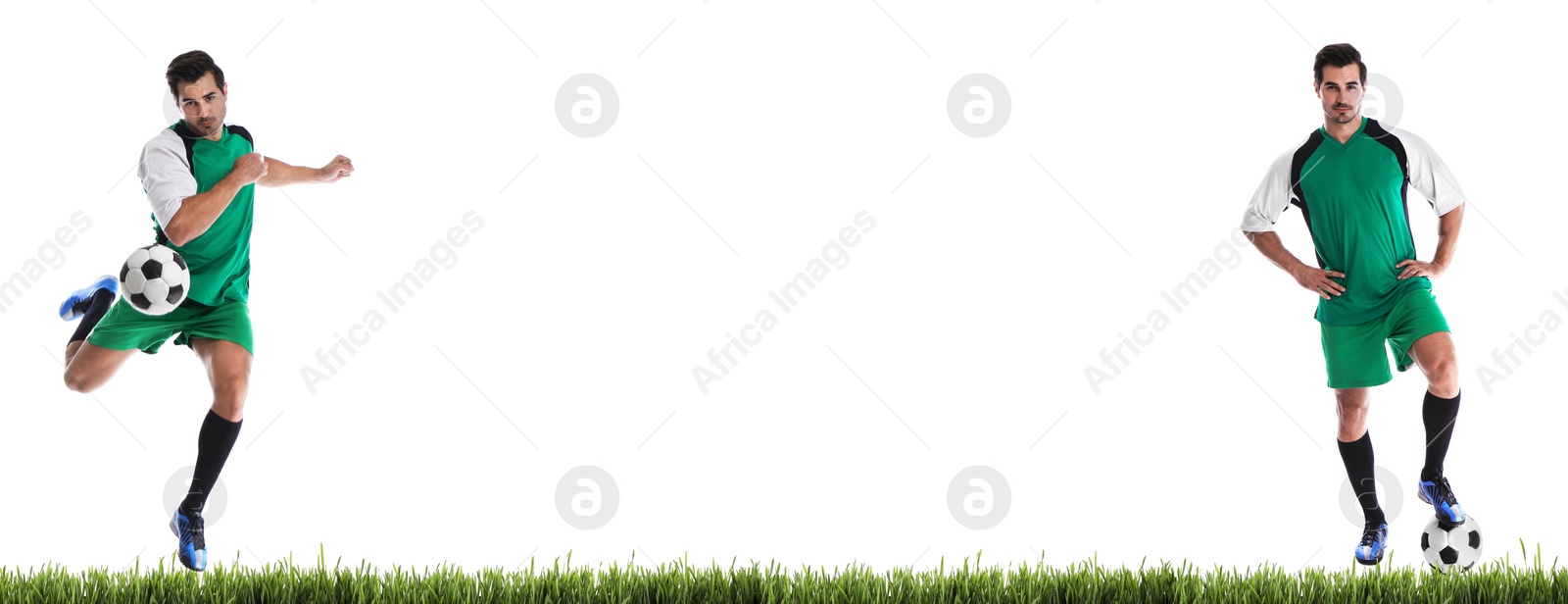 Image of Young man playing football on white background. Banner design