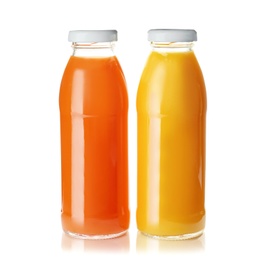 Photo of Bottles with fresh juices on white background