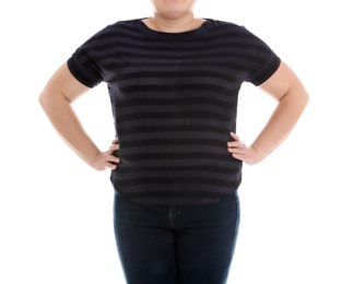 Overweight woman on white background, closeup. Weight loss