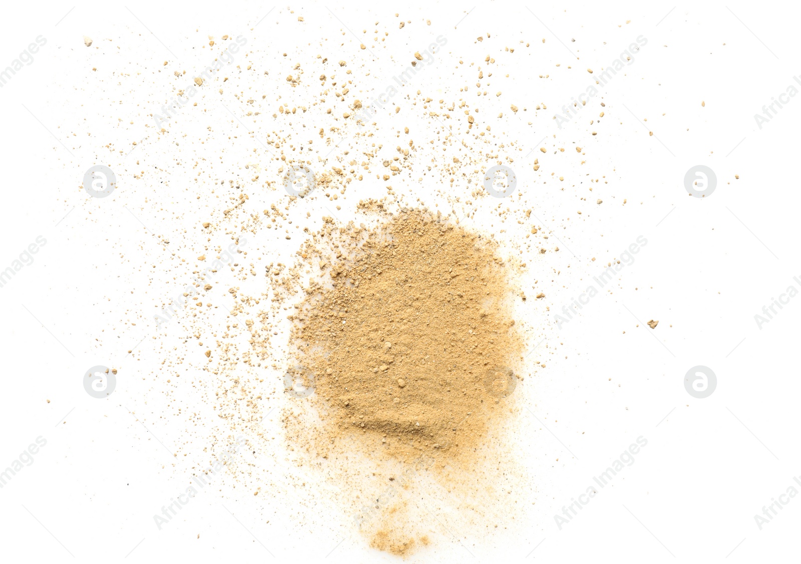 Photo of Pile of brown dust scattered on white background, top view