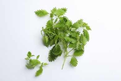 Photo of Fresh stinging nettle leaves on white background, flat lay