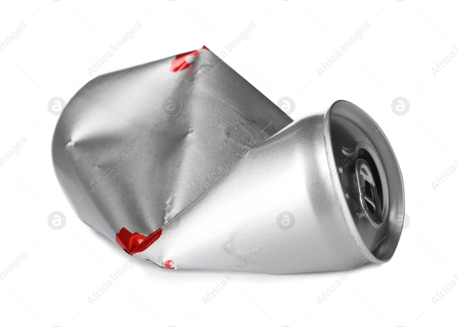 Photo of Empty crumpled aluminum can on white background