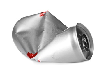 Photo of Empty crumpled aluminum can on white background