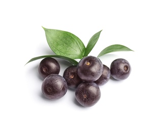 Fresh acai berries with leaves on white background