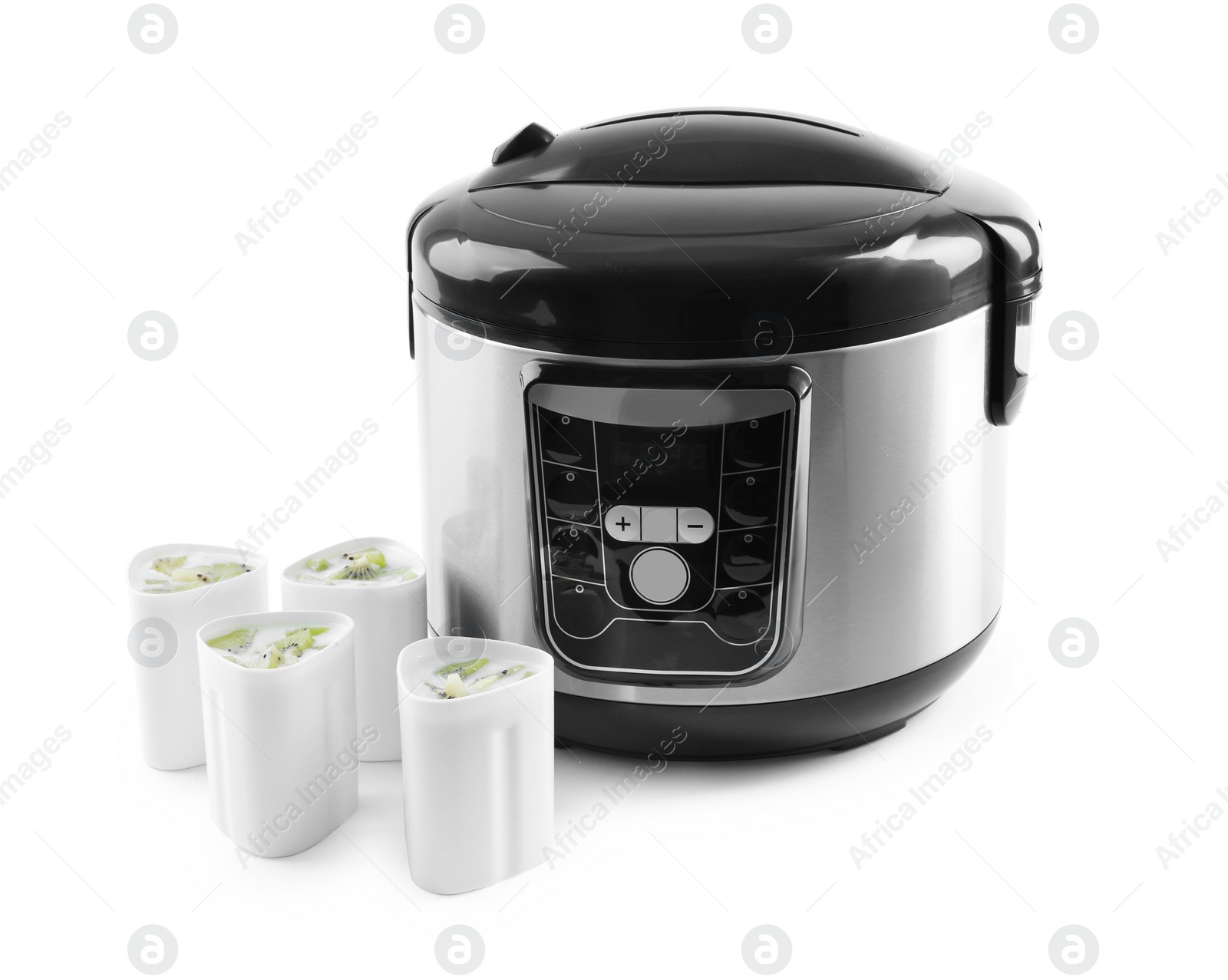 Photo of Modern multi cooker with cups of homemade yogurt isolated on white