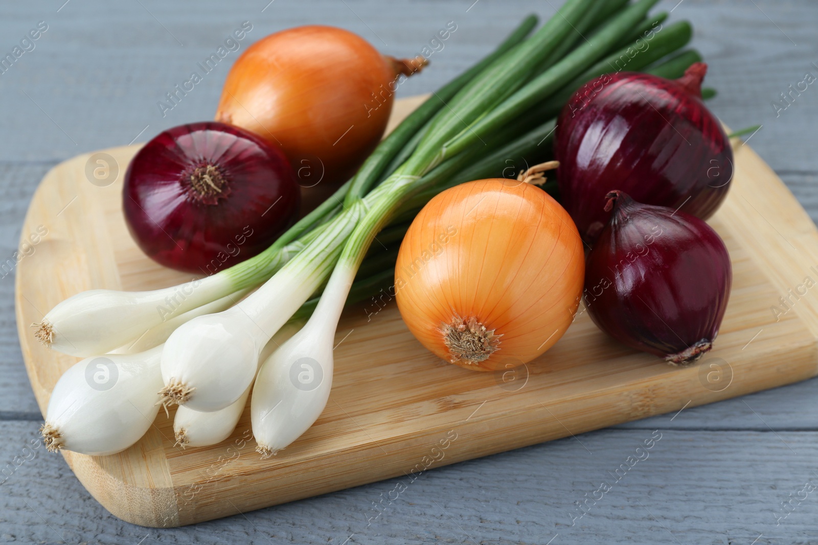 Photo of Board with different kinds of onions on grey wooden table, closeup